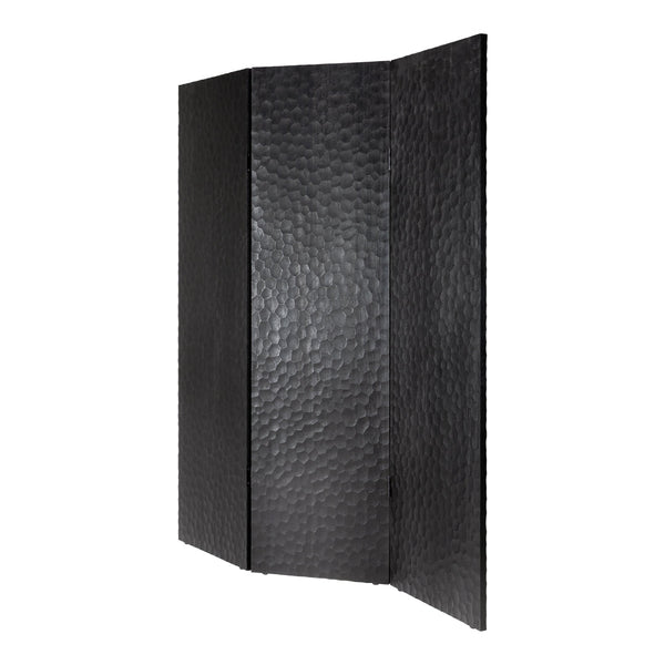 Textured black folding screen with a hammered finish, adding depth and elegance to any space.