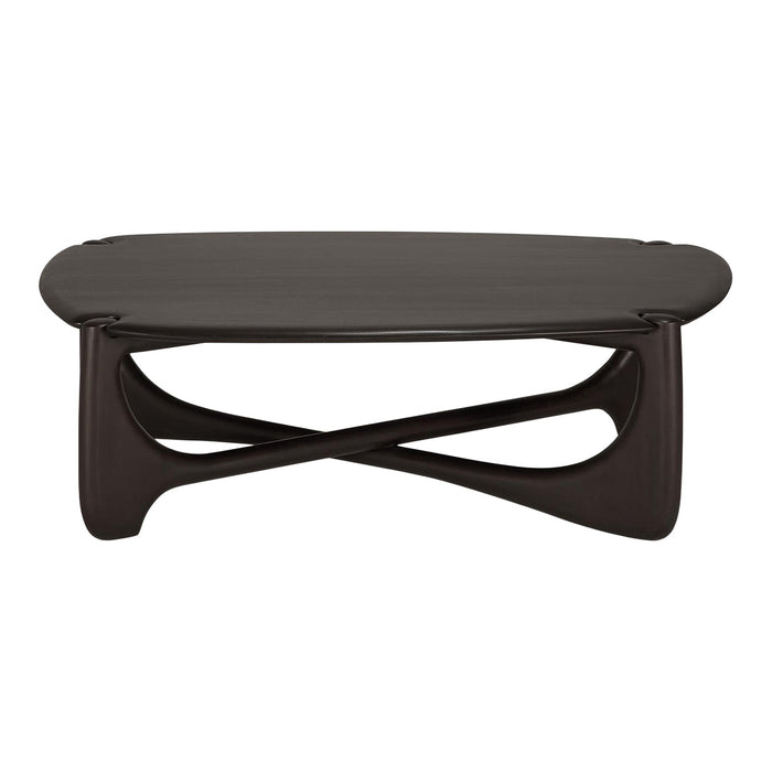 Modern black coffee table with a sleek, matte finish and unique curved pattern in the base design.