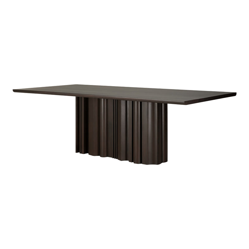 Dark brown dining table with a sleek, ribbed base and a smooth, flat top, featuring modern minimalist design.