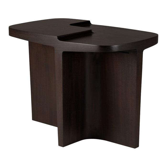 Dark brown wooden accent table with a smooth, modern design and subtle curves. Ideal for contemporary decor.