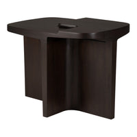 Dark brown wood table with a unique shape and smooth finish, featuring subtle grain patterns and a modern design.