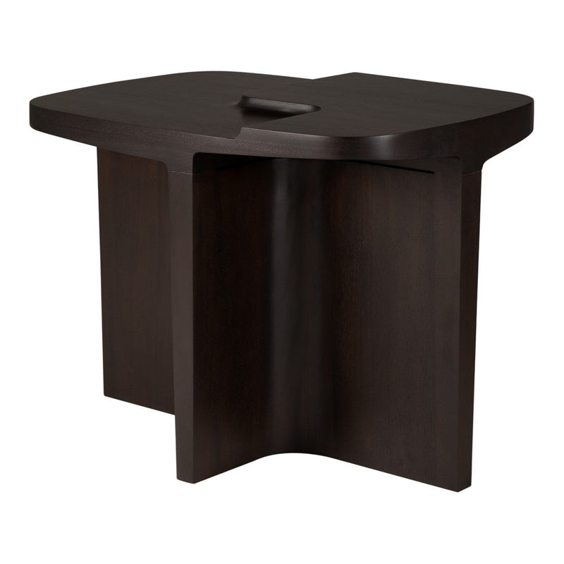 Dark brown wood table with a unique shape and smooth finish, featuring subtle grain patterns and a modern design.