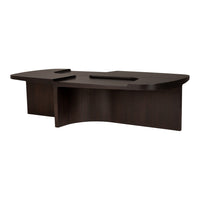 Dark brown wooden desk with a sleek, modern curved design, featuring a smooth, polished finish.