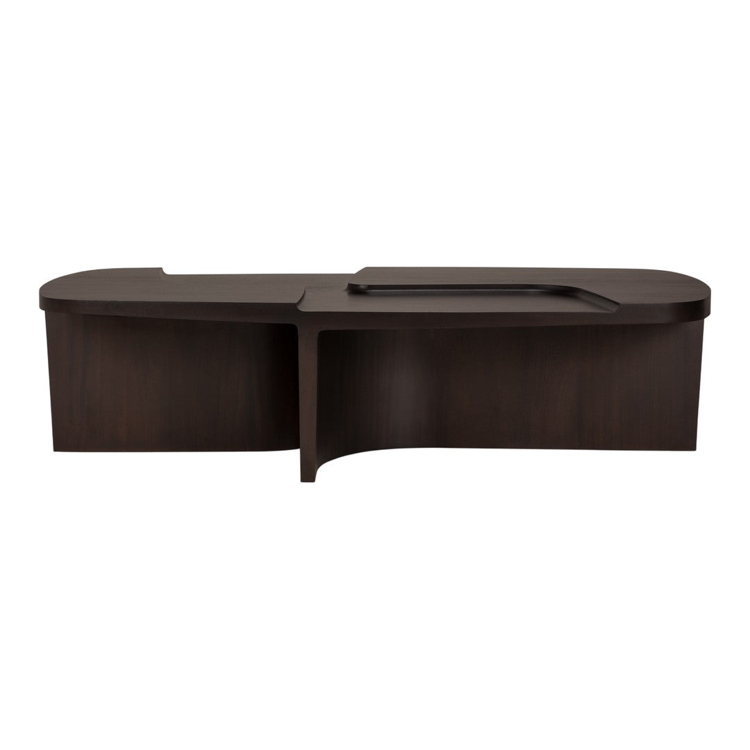 Sleek dark wood desk with smooth finish and modern curved design, perfect for contemporary office aesthetics.