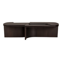 Sleek dark wood desk with smooth finish and modern curved design, perfect for contemporary office aesthetics.