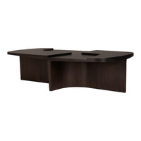 Dark brown wooden desk with a sleek, modern design featuring smooth curves and flat surfaces.