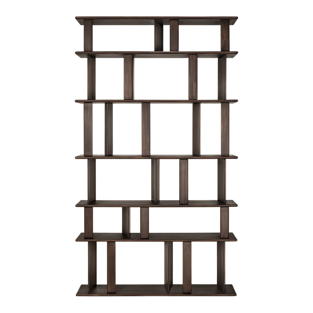 Dark wood bookshelf with a modern geometric design, featuring contrasting light and shadow patterns.