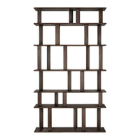 Dark wood bookshelf with a modern geometric design, featuring contrasting light and shadow patterns.