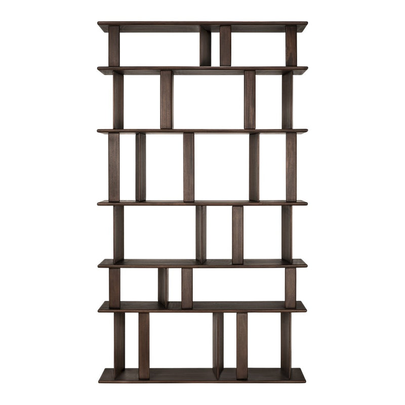 Dark wood bookshelf with a modern geometric design, featuring contrasting light and shadow patterns.