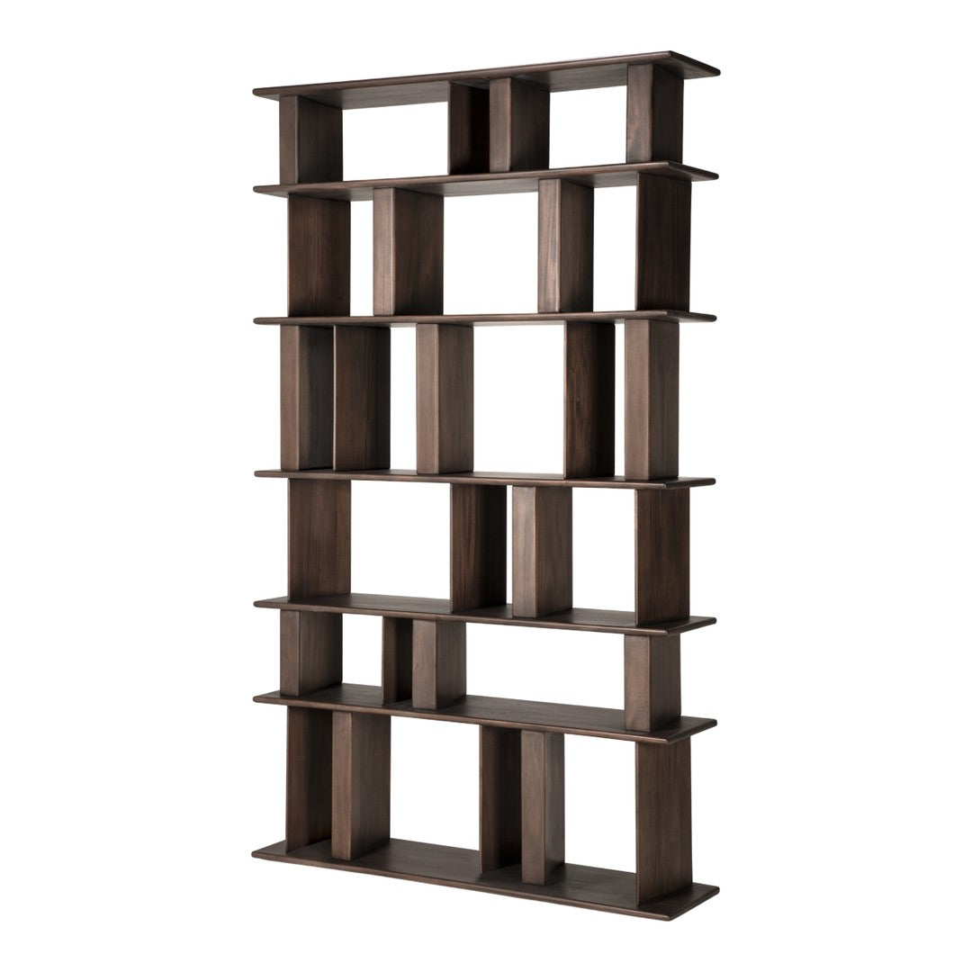 Dark brown wooden bookshelf with a modern geometric design and open cubbies, perfect for display or storage.