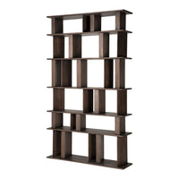 Dark brown wooden bookshelf with a modern geometric design and open cubbies, perfect for display or storage.