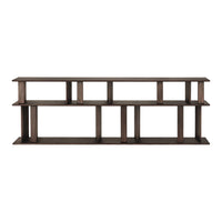 Dark brown, minimalist wooden shelving unit with a geometric pattern and open design.
