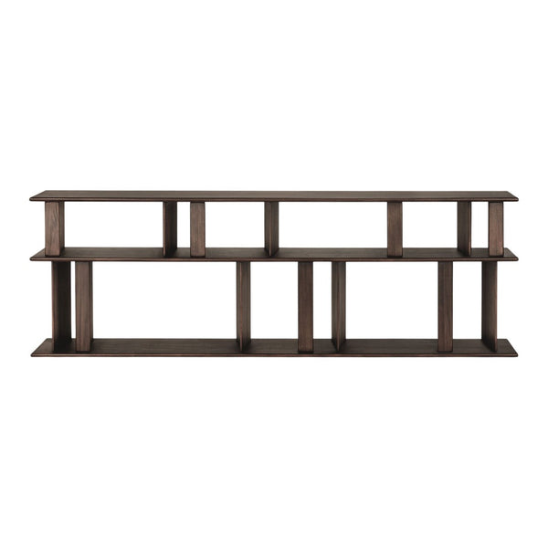 Dark brown, minimalist wooden shelving unit with a geometric pattern and open design.