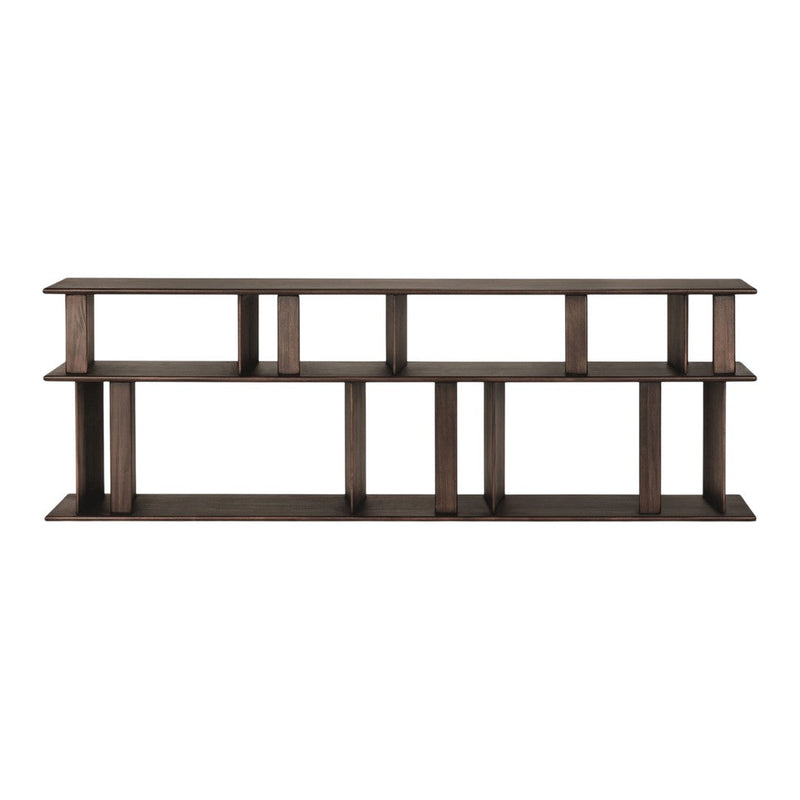 Dark brown, minimalist wooden shelving unit with a geometric pattern and open design.