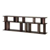 Brown wooden bookshelf with a modern design featuring geometric cutouts and multiple open shelves.