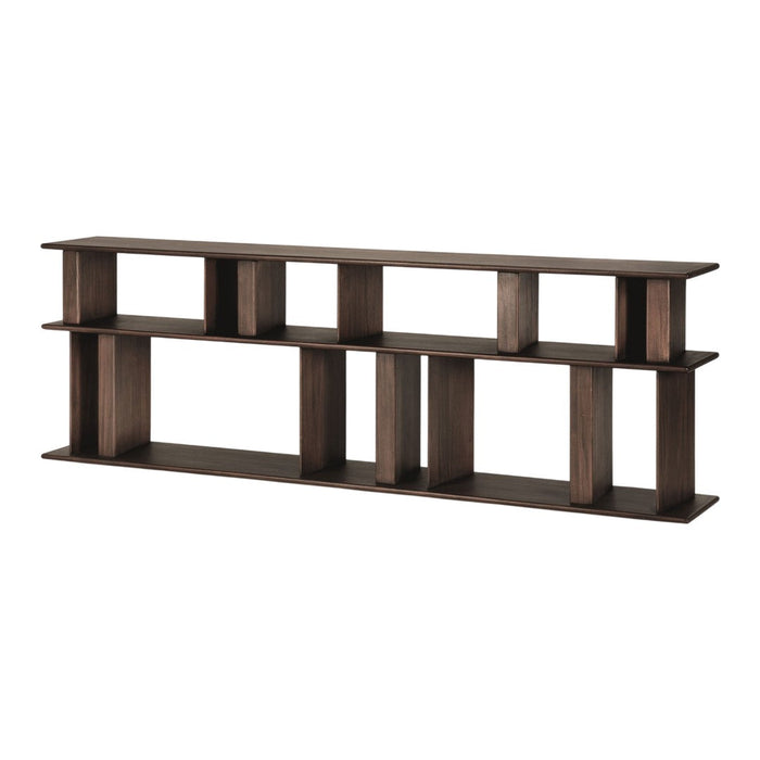 Brown wooden bookshelf with a modern design featuring geometric cutouts and multiple open shelves.