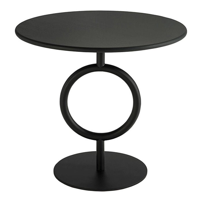 Black circular side table with a modern design, featuring a round top and a circular base. Sleek, minimalist aesthetic.