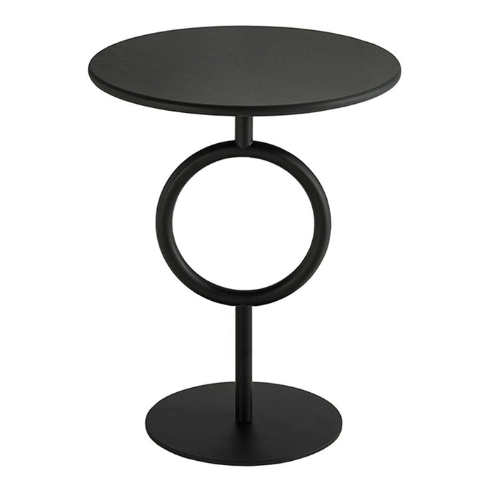 Black round side table with a circular base and ring pattern for a modern, sleek look.