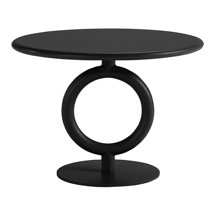 Modern black round side table with a circular base and ring-shaped support, featuring sleek, minimalist design.