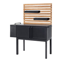 "Modern black cabinet with slatted wood accents and sleek lines, featuring a textured front and open shelving."