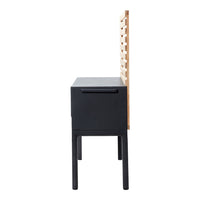 Black and natural wood side table featuring a modern slatted design and sleek drawer.