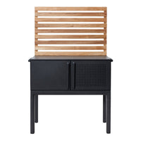 Black cabinet with perforated pattern and natural wood slatted backrest, combining sleek modern design and warmth.