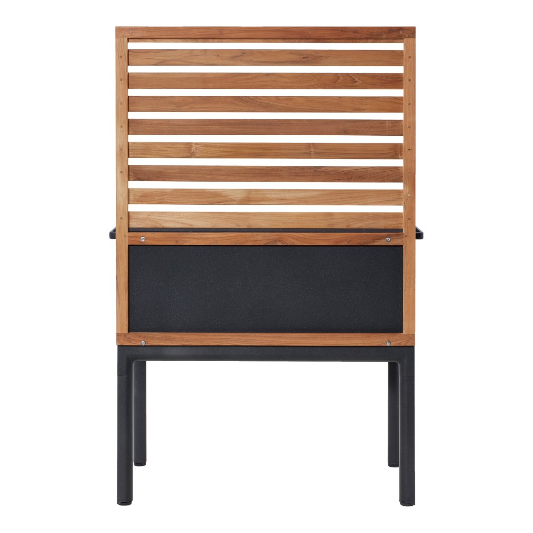 Wooden slat backrest with natural finish over a sleek black base, offering a modern and stylish design.