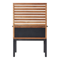 Wooden slat backrest with natural finish over a sleek black base, offering a modern and stylish design.
