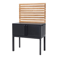 Black cabinet with a wooden slatted back, featuring a smooth surface and mesh panel detailing. Perfect for modern decor.