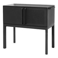 Black storage cabinet with a smooth finish and perforated pattern on the door, featuring two handles and four legs.