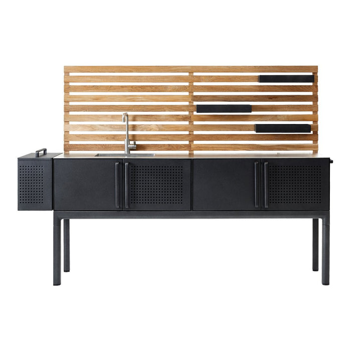 Modern black kitchen island with horizontal wood slats and a sleek, minimalist design. Perfect for contemporary spaces.