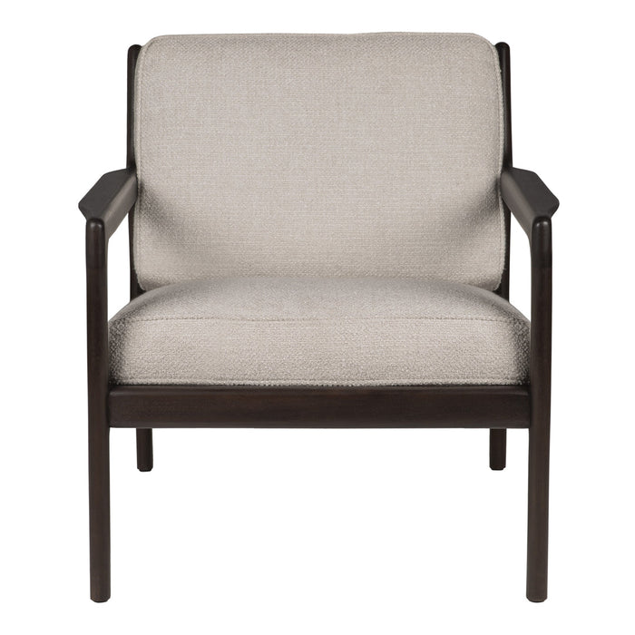 Beige upholstered chair with a smooth fabric finish and dark wooden frame, featuring minimalist design and clean lines.
