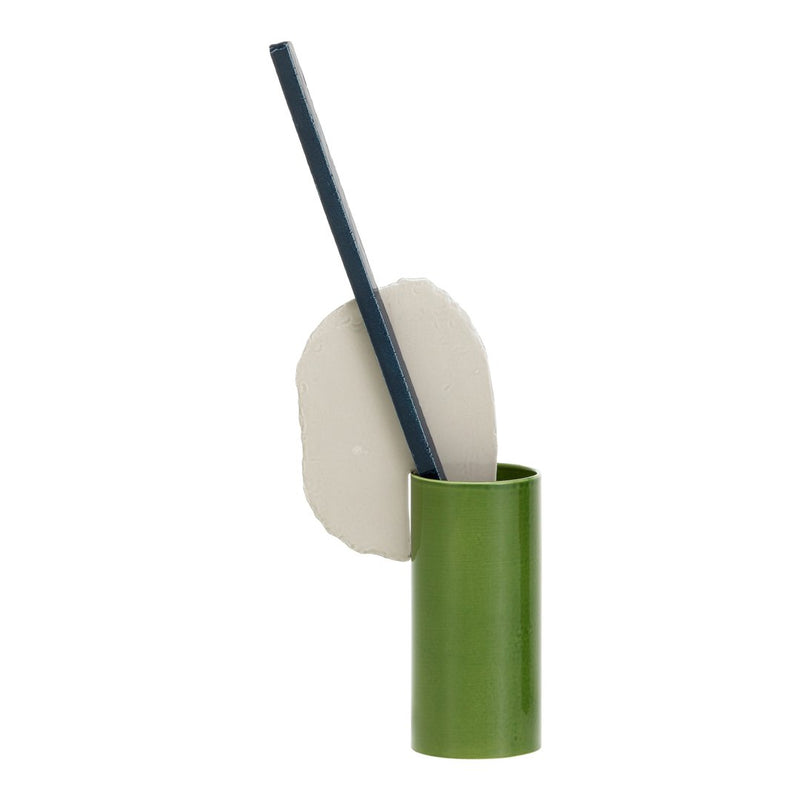 Green cylindrical vase with a modern design, featuring a contrasting light background and a blue accent.