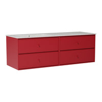 Red four-drawer storage cabinet with a sleek gray top, modern minimalist design, perfect for any room.