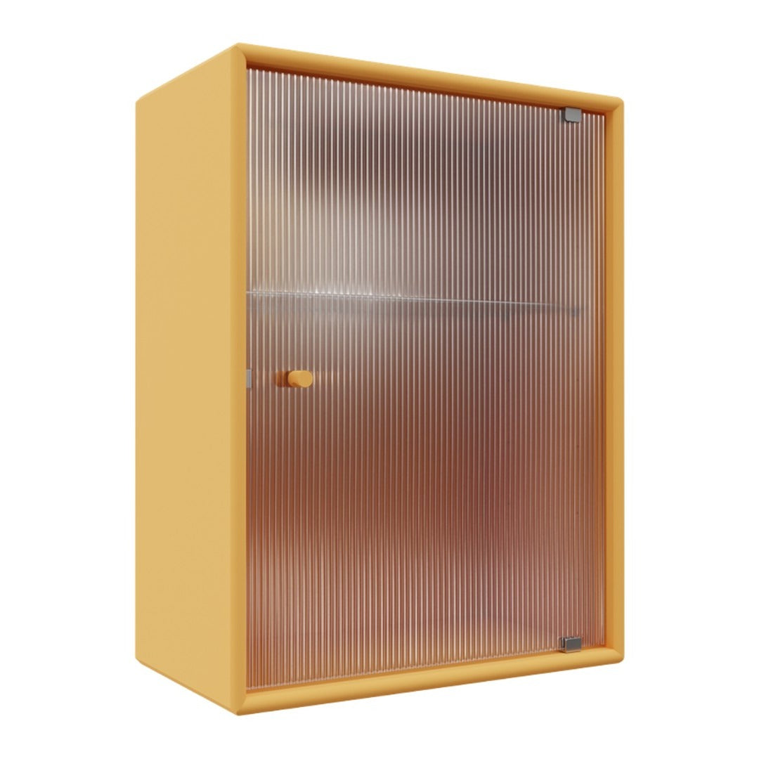 Yellow cabinet with a ribbed, translucent glass door, highlighting a modern and vibrant design.
