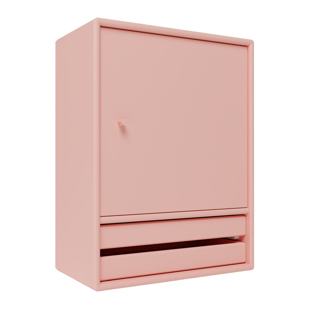 Soft pink storage cabinet with a smooth, matte finish and minimalist design, featuring a single door and a drawer.
