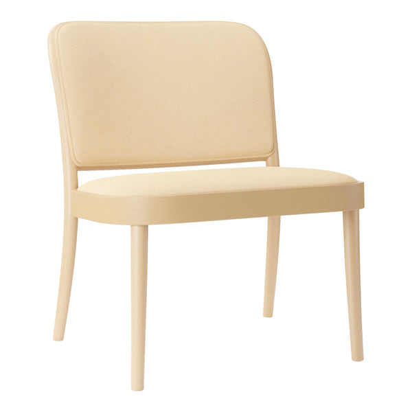 Minimalist beige upholstered chair with smooth lines and wooden legs for a modern look. Perfect for any decor.