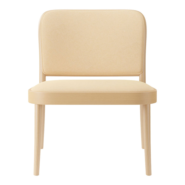 Beige upholstered chair with a smooth, minimalist design and light wood legs, perfect for modern decor.