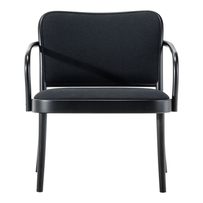 Black upholstered chair with sleek metal frame, showcasing a minimalist design and no visible patterns.