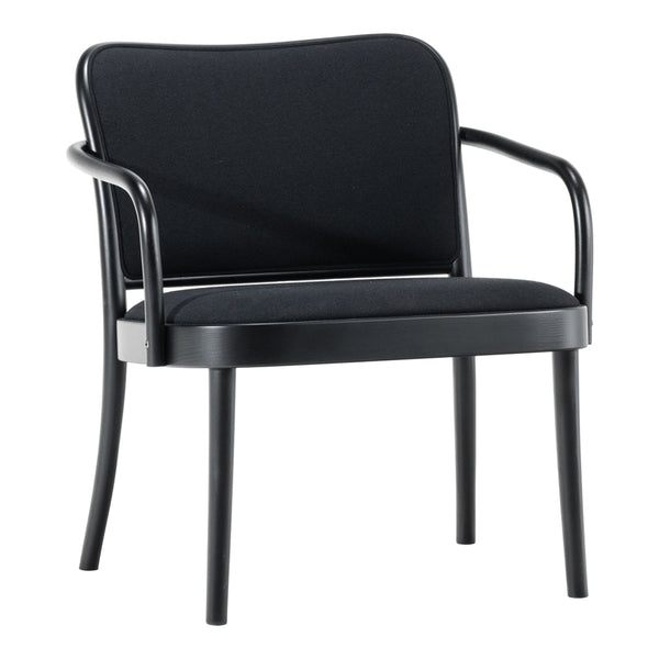 Stylish black chair with a sleek, smooth fabric and minimalist metal frame, perfect for modern interiors.