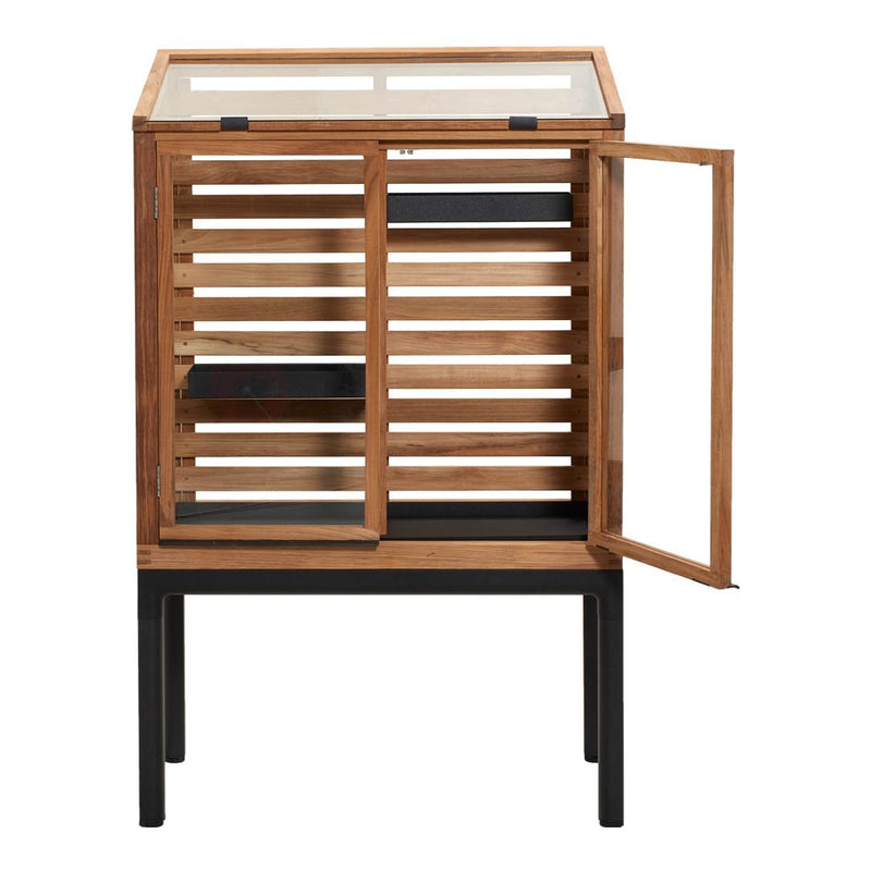 Wooden display cabinet with a natural finish, black accents, and a slatted pattern, featuring a glass top and door.
