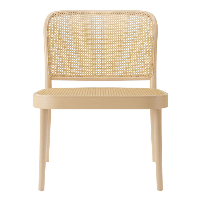 Beige chair with a woven rattan backrest, featuring a minimalist design and smooth, rounded edges.