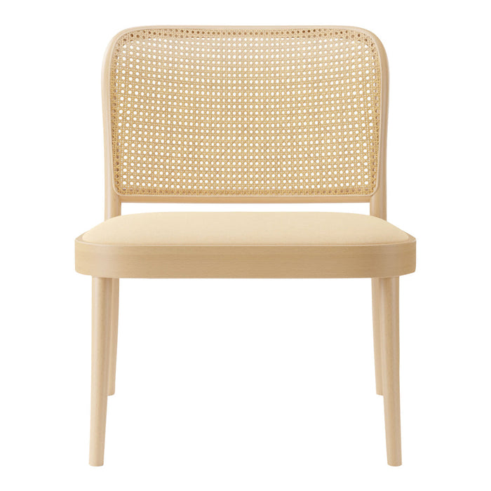 "Natural wood chair with a light beige cushioned seat and a woven rattan back pattern."