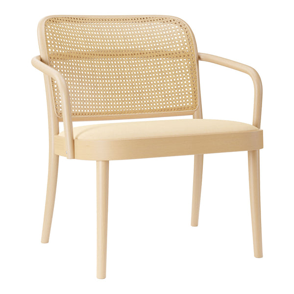 Light beige rattan armchair with a woven back and smooth seat, perfect for a contemporary aesthetic.