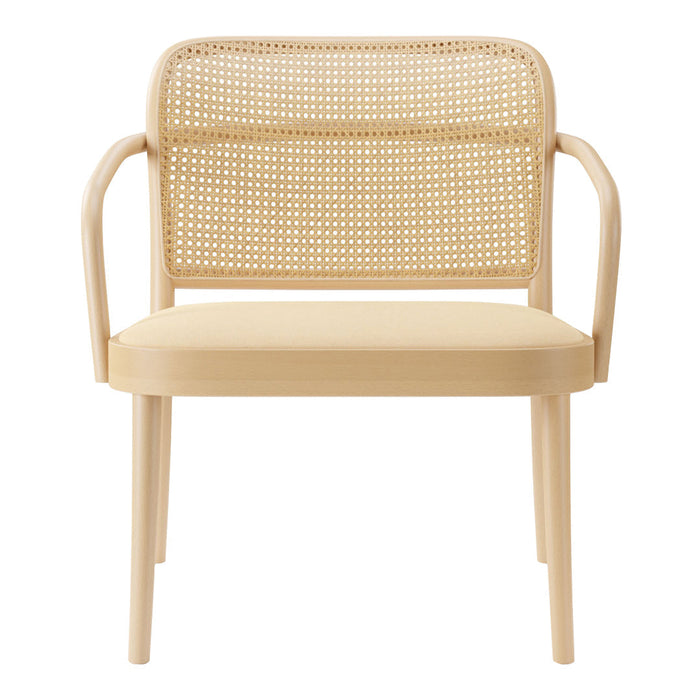 Natural beige armchair with a woven rattan backrest and smooth wooden frame, showcasing minimalist design and texture.