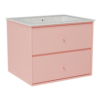 Pink bathroom vanity with two drawers and a speckled white countertop. Modern and minimalistic design.
