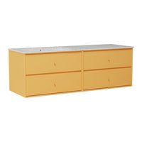 Yellow four-drawer storage cabinet with a smooth gray top and minimalistic design. Perfect for modern decor.