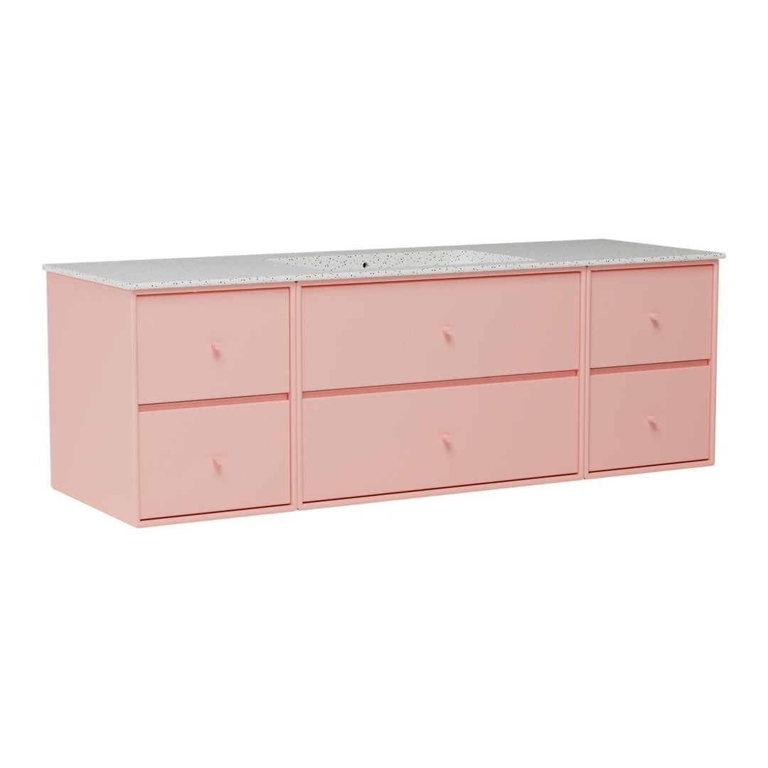 Stylish light pink dresser with six drawers and a sleek white top, perfect for modern decor.