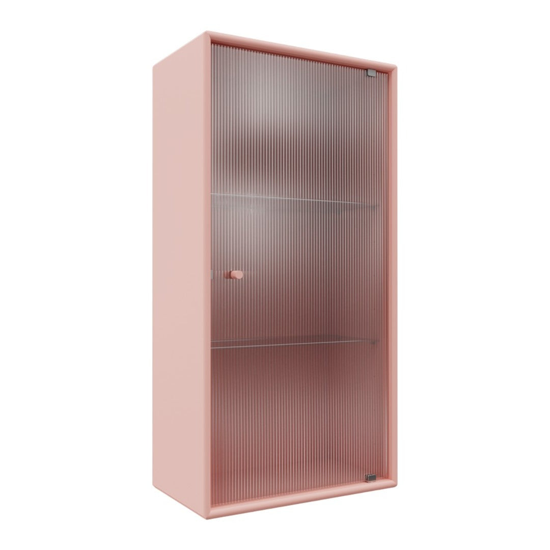 Pink cabinet with a sleek ribbed design and transparent front, featuring adjustable shelves for versatile storage.