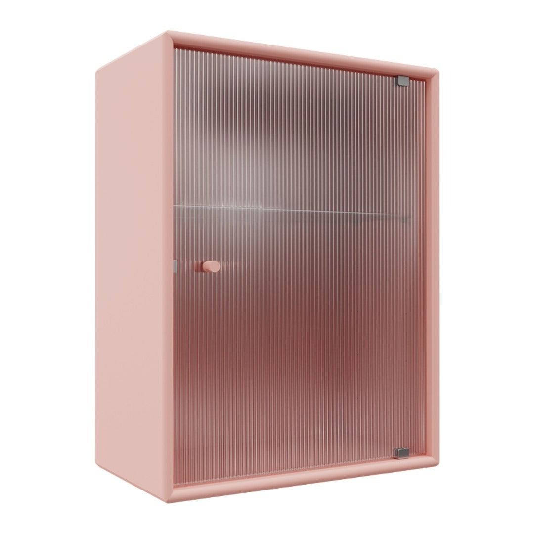 Pink cabinet with ribbed glass door, offering a sleek and modern design, perfect for stylish storage solutions.